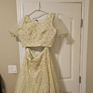 Elegant Tea Green and White/Gold Embroidered Lehenga